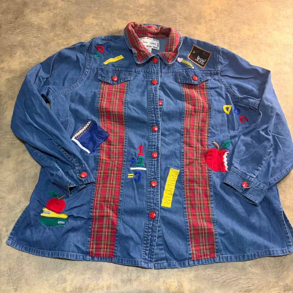 Tantrums Denim Button Down Shirt Womens 1X Blue Teacher School Plaid Patchwork